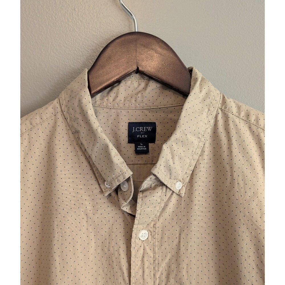 J. Crew Flex Mens Large L Tan Polka Dot Button Down Shirt Long Sleeve Stretch - Picture 1 of 6